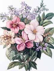Elegant oil painting with pink and small lilac flowers on white background, vintage clipart	