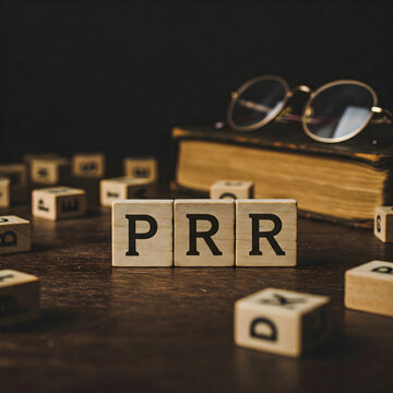 Three wooden cubes display the letters PRR on a dark wooden table with blurred books and glasses