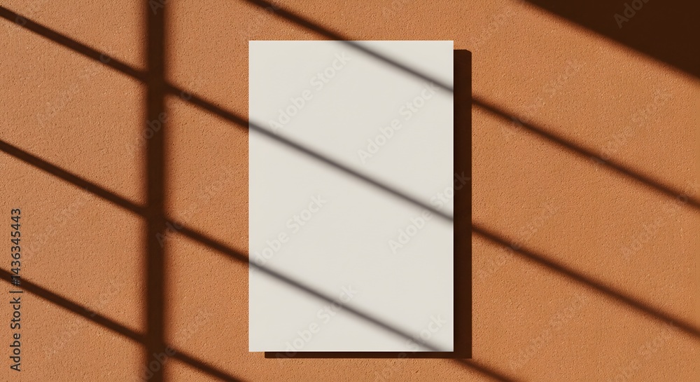 Poster ai image features a blank vertical paper mockup placed on a terracotta textured wall, crossed by dis