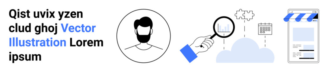 Portrait avatar, cloud with data analytics, calendar, magnifying glass, and online store interface. Ideal for technology, business analytics, e-commerce, digital identity cloud computing mobile