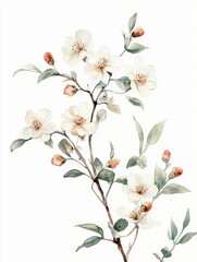 Watercolor camellia flower branch, gentle, elegant background, pastel color on white background	