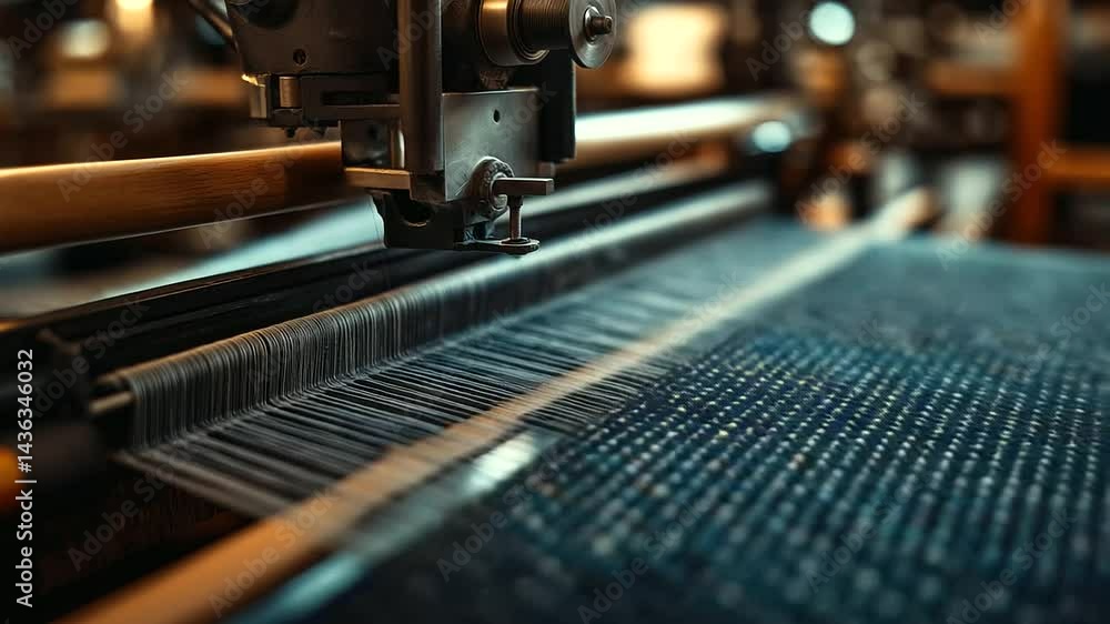 Poster a futuristic smart weaving machine, crafting intricate textile patterns with ai precision.