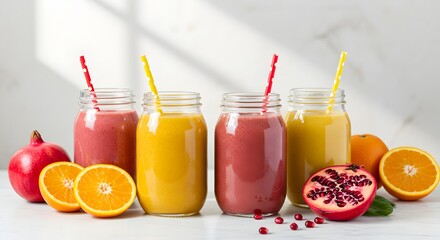 Four vibrant fruit smoothies with oranges and pomegranate on a light marble surface with straws.