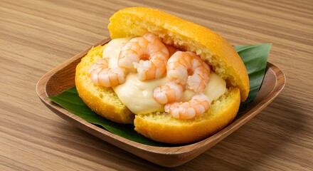 Close-up of a tasty shrimp sandwich with a creamy sauce, served in a wooden bowl.