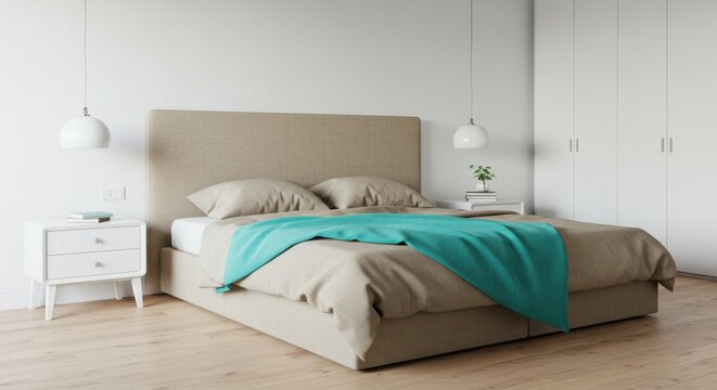 Bright modern bedroom, white walls, beige headboard, neutral bedding, turquoise accent throw at the end of the bed, minimalist furniture, light wooden floor, all objects in sharp focus.