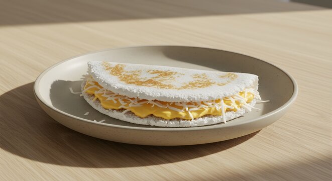 A close-up of a delicious tapioca pancake with cheese and butter on a simple plate.