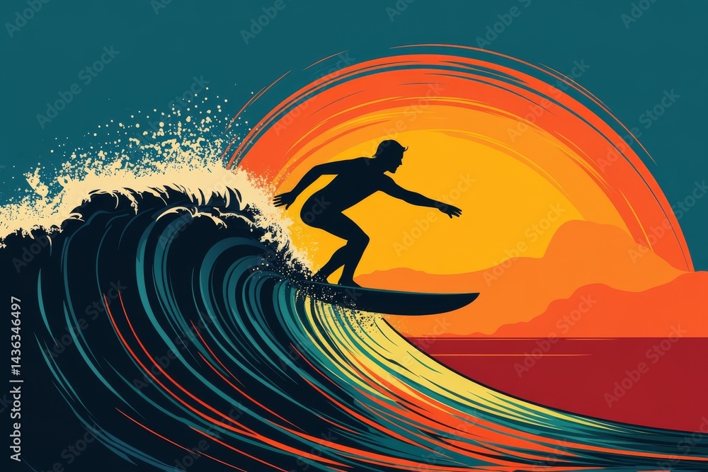 Poster the image of a man playing a surfboard on a sea background is presented in a vintage tone color styl