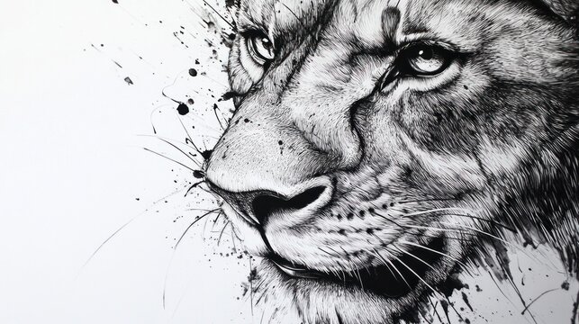 Lioness portrait, ink splatters, white background, wildlife art, print