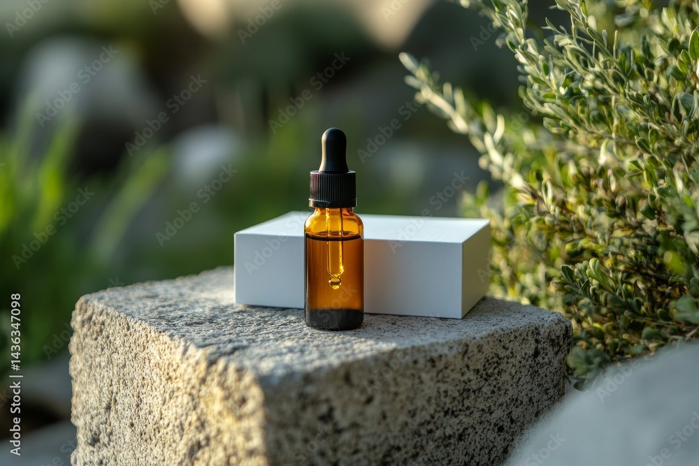Poster the mockup of a brown dropper bottle and white box is positioned on a background that features lush 