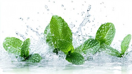 Fresh Mint Leaves Splashing in Water on White Background