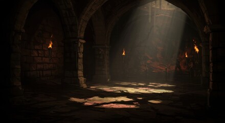 Fototapeta premium Eerie dungeon with light shafts torches and arched stone architecture creating a mysterious medieval atmosphere