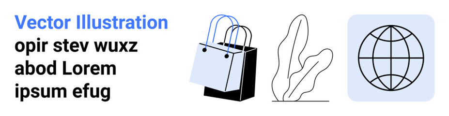 Shopping bag, abstract plant lines, and globe in a grid layout. Ideal for online shopping, retail, environment, sustainability, travel globalization eco-business. Perfect flat landing page banner