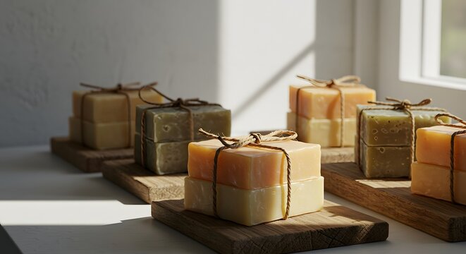 Stacked artisanal soaps on wooden boards, tied with twine, ready to be used for self-care.