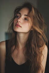 Fototapeta premium Young woman with wavy hair looking wistfully into the distance indoors.