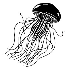 Black and white vector illustration of a jellyfish with long flowing tentacles.