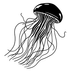 Black and white vector illustration of a jellyfish with long flowing tentacles.