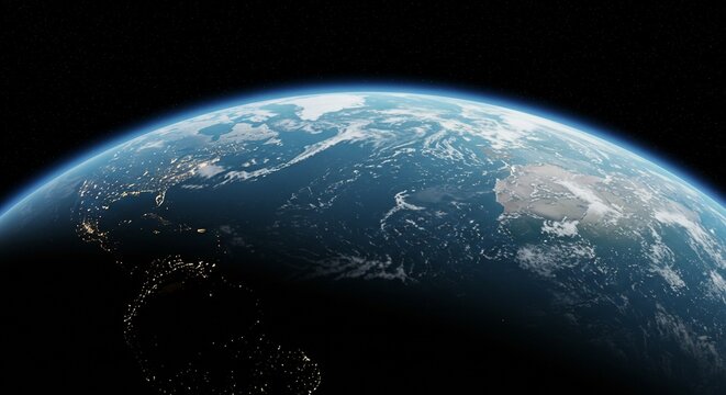 Earth viewed from space with a focus on the vast blue oceans, highlighting the importance of water, clean and minimalistic design, soft light, environmental message