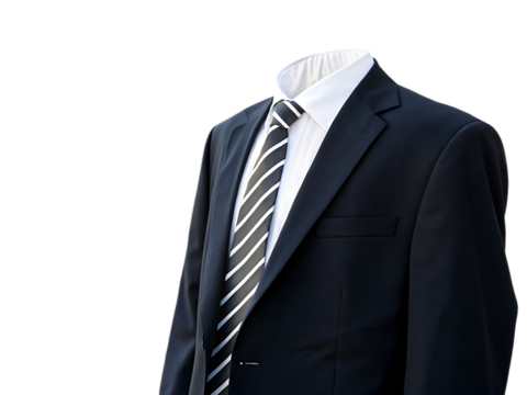 A black suit with a white shirt and a striped tie against a black background in a studio setting