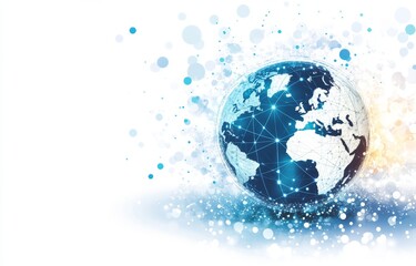 A luminous digital earth is positioned on a dark canvas surrounded by a lattice of network lines and twinkling points of light