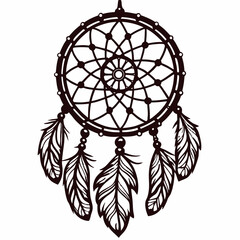 Fototapeta premium Dreamcatcher with intricate web and feather details in black silhouette design.