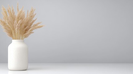 Naklejka premium A white ceramic vase with dried pampas grass on minimalist white table against grey wall, modern home decor, neutral tones, and simple composition.