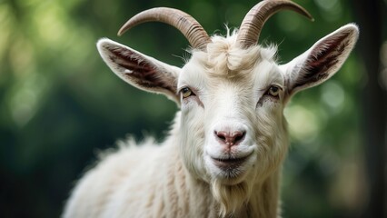 Fototapeta premium Close-Up Portrait of White Goat at Sunset in Pasture