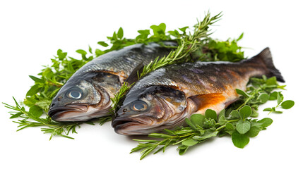 Fresh raw sea bass fish on wooden cutting board, cooking concept.