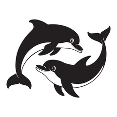 Fototapeta premium Two playful dolphin silhouettes jumping together in a minimal black vector illustration