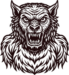 Obraz premium Fierce werewolf with sharp fangs and intense expression in monochrome.