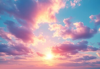 Obraz premium A dreamy and soft sky features a beautiful gradient of pink and purple hues, with wispy white clouds scattered throughout