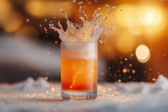 Jager Bomb Explosion Captured Midair with Splashing Golden Liquid and Dramatic Lighting