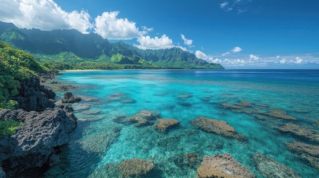 Coastal paradise, vibrant turquoise water, lush mountains