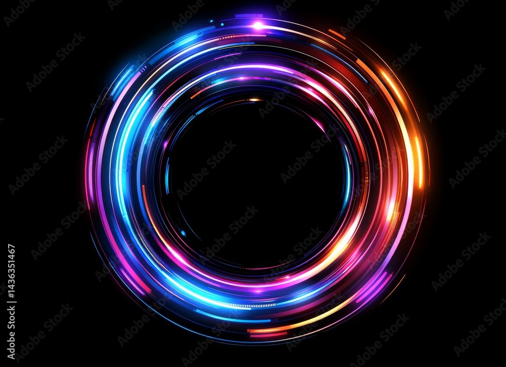 Poster concentric neon rings that are vibrant glow in the dark, creating a mesmerizing circular light displ