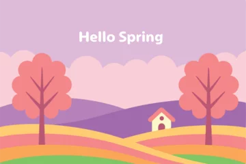 Fototapete Rund Colorful spring landscape with cherry blossoms, rolling hills, and pastel cottage in vector art style  © Rokya