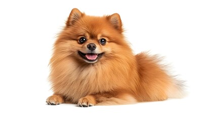 Adorable Dog Lying Down on White Background with Playful Expression