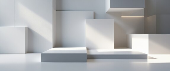 ethereal light passing through white boxes in minimalistic room