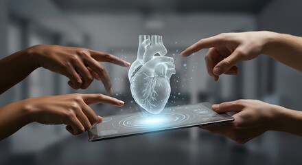 Interactive digital heart model displayed on a tablet, showcasing medical technology and collaborative study of cardiovascular health.