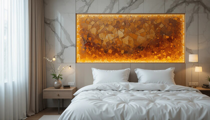 Stylish bedroom featuring amber wall panel and luxurious bedding in soft tones
