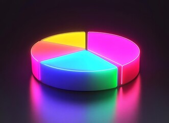 Obraz premium On a neon-lit stage, a luminous pie chart displays its kaleidoscope of colors, with each segment radiating against the darkness, embodying the ideas of data examination and forward momentum