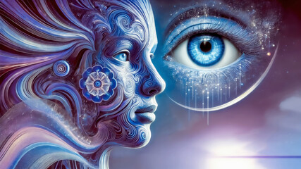 A surreal, dreamlike image of a blue ethereal face adorned with swirling patterns, gazing at a giant cosmic eye in a mystical starry universe.
