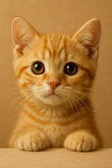 Obraz premium Adorable tabby Orange kitten with wide-eyed curious expression, close-up portrait of young cat peeking over ledge, innocent feline face with soft fur and whiskers, heartwarming pet