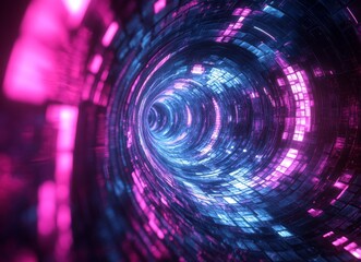 Obraz premium An abstract representation of converging pink and blue light streaks surrounds a glowing circular core, embodying energy and movement