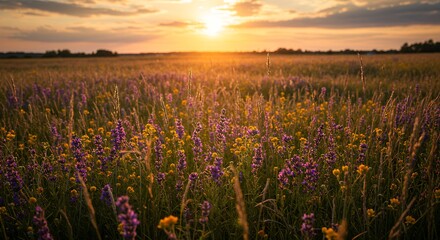 Sunset Over Field of Wildflowers