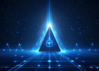 The image of a glowing blue triangle, which represents security and features a padlock at its center, is set against a futuristic digital landscape and symbolizes cybersecurity and data protection