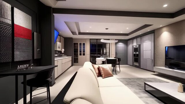 Explore a luxurious condo interior featuring cyberpunk aesthetics, creative furniture, and a sophisticated living space design
