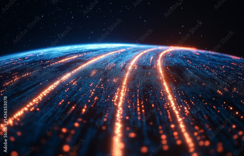 Poster an abstract representation of the globe showcases vibrant light trails, effectively conveying the id