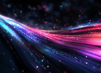 Converging on a dark background, vibrant neon light streaks form a dynamic abstract design that embodies a futuristic aesthetic, characterized by glowing lines that radiate energy and create a sense