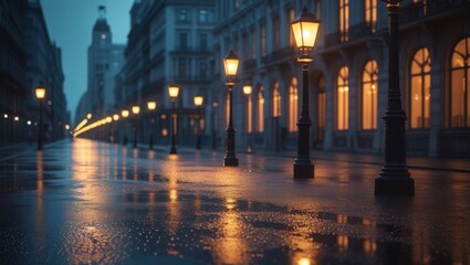 Romantic Rainy Night: Gaslit Street Scene with Golden Glow