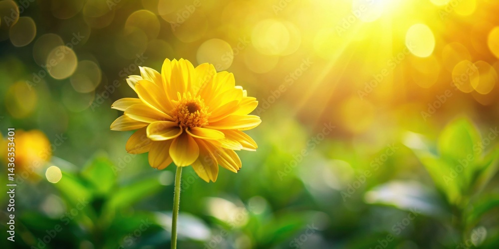 Poster a single vibrant yellow flower basking in the warm sunlight, surrounded by a bokeh of lush green fol