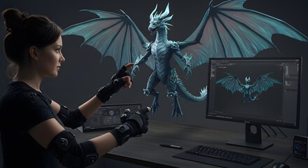Artist working with augmented reality and virtual reality creating a 3D dragon character with VR gloves and a computer with design software.